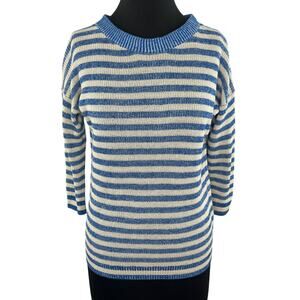 J.Crew Linen Blend Blue White Striped Ribbed Crew Neck 3/4 Sleeve Sweater Sz XS